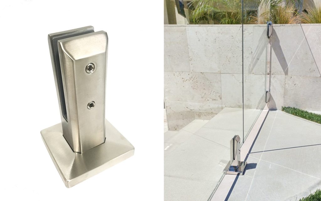 Stainless steel spigot hardware used to attach glass fencing to the ground